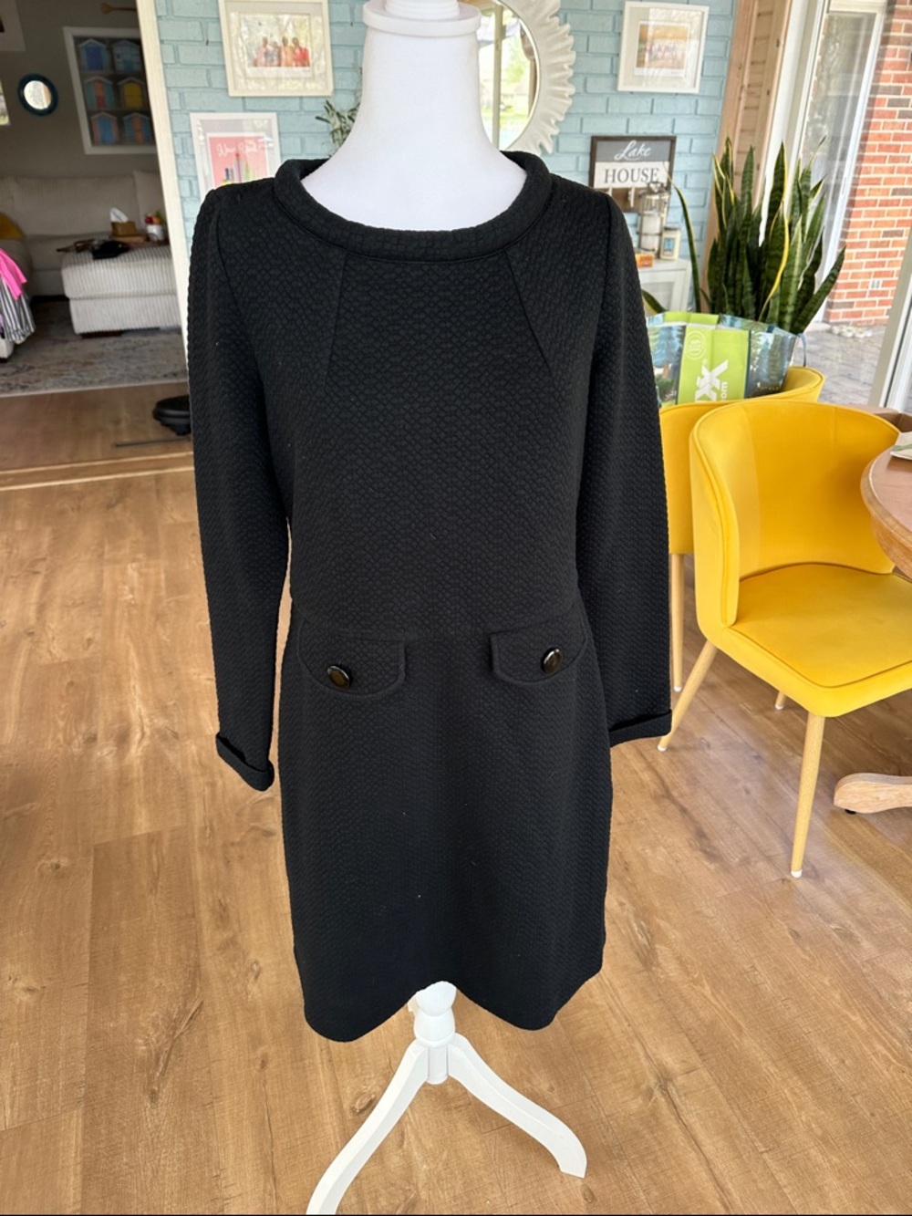 Boden Black Textured Long-Sleeve Shift Dress